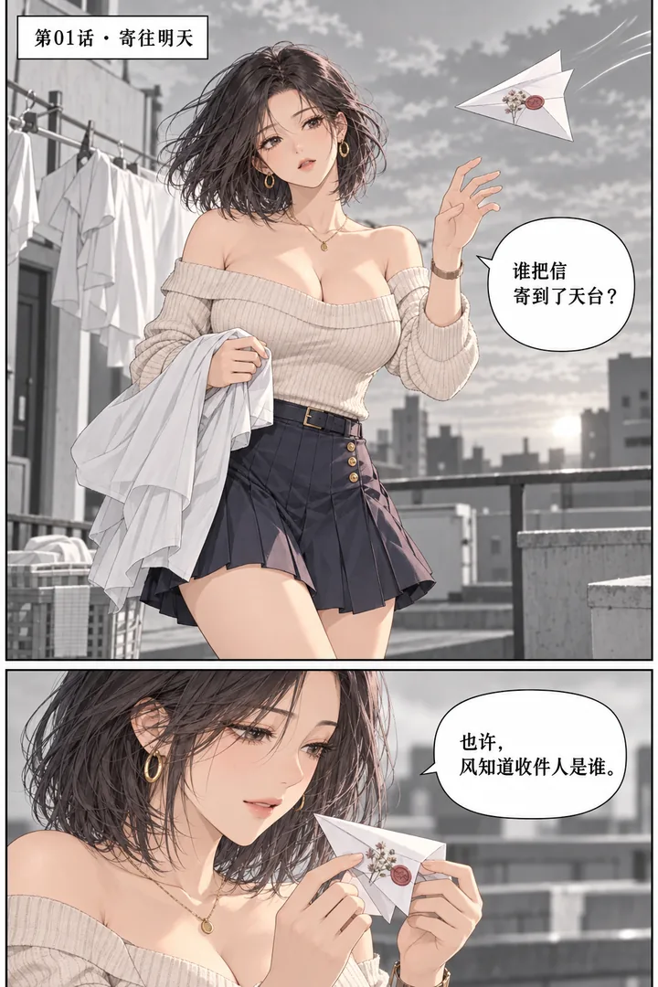云端来信第01话寄往明天第1页：城市傍晚天台、女主晾晒衣物、风吹来折好的纸飞机