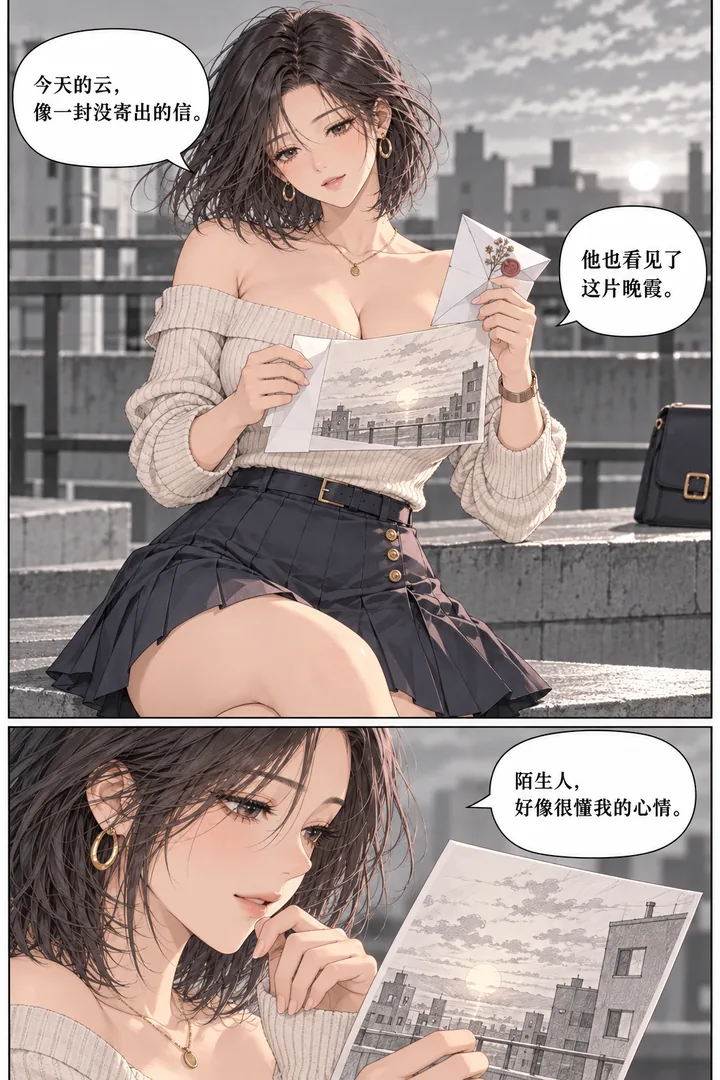 云端来信第01话寄往明天第2页：女主展开纸飞机、手绘隔壁楼窗户、信封内是一张天台夕阳速写