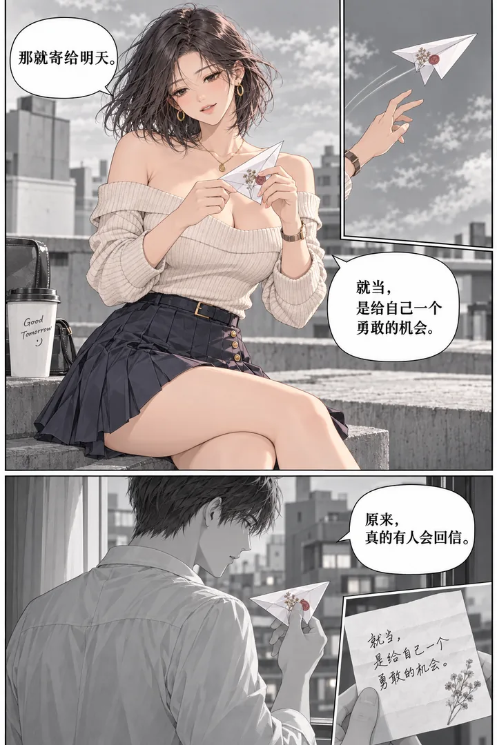 云端来信第01话寄往明天第3页：女主写回复折纸飞机、纸飞机落到隔楼、成年男主在窗边拾起