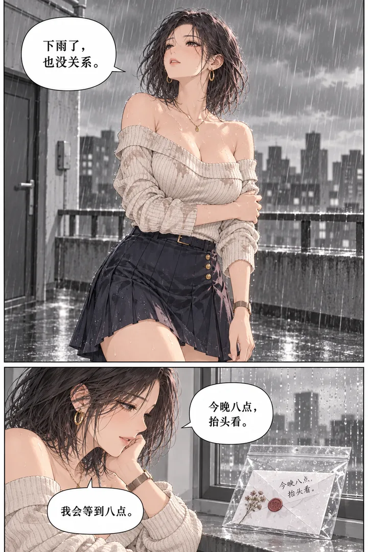 云端来信第01话寄往明天第4页：次日暴雨、天台湿透女主失望、窗边出现防水袋装的信
