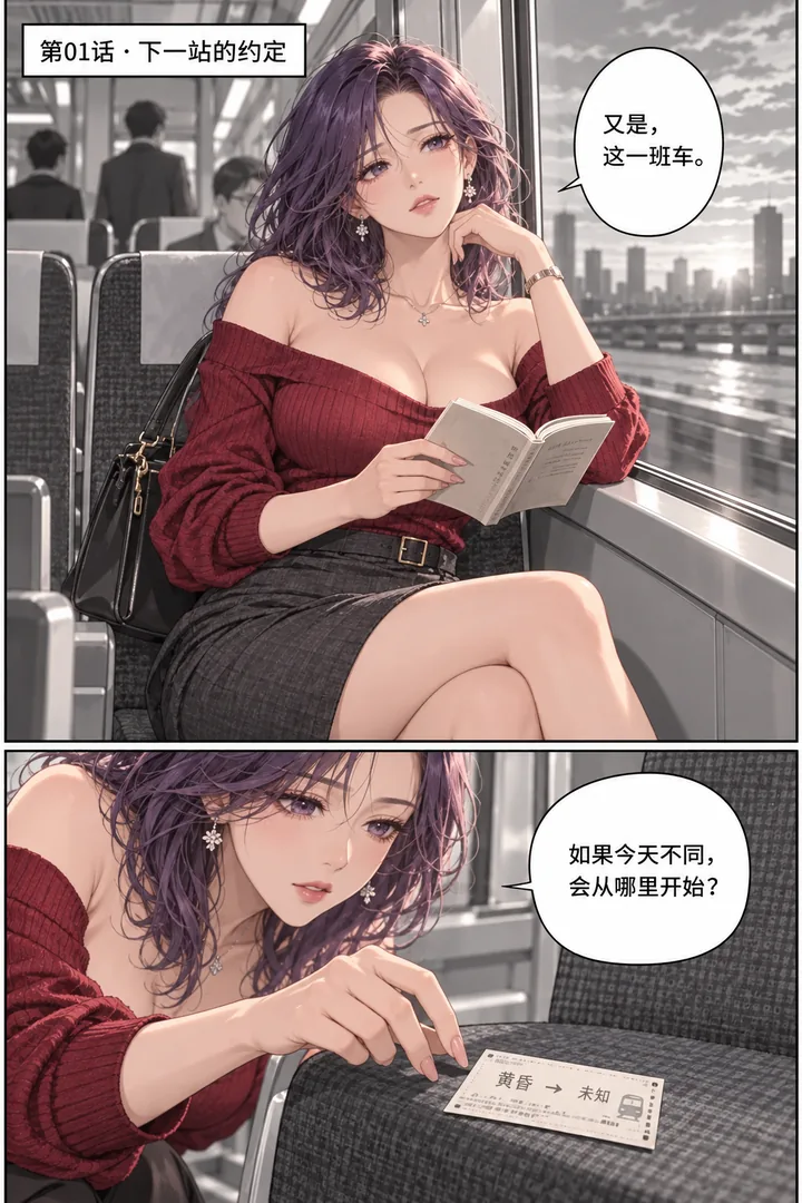 黄昏列车第01话下一站的约定第1页:城市夕阳列车、成年女主靠窗看书、空座位发现一张票
