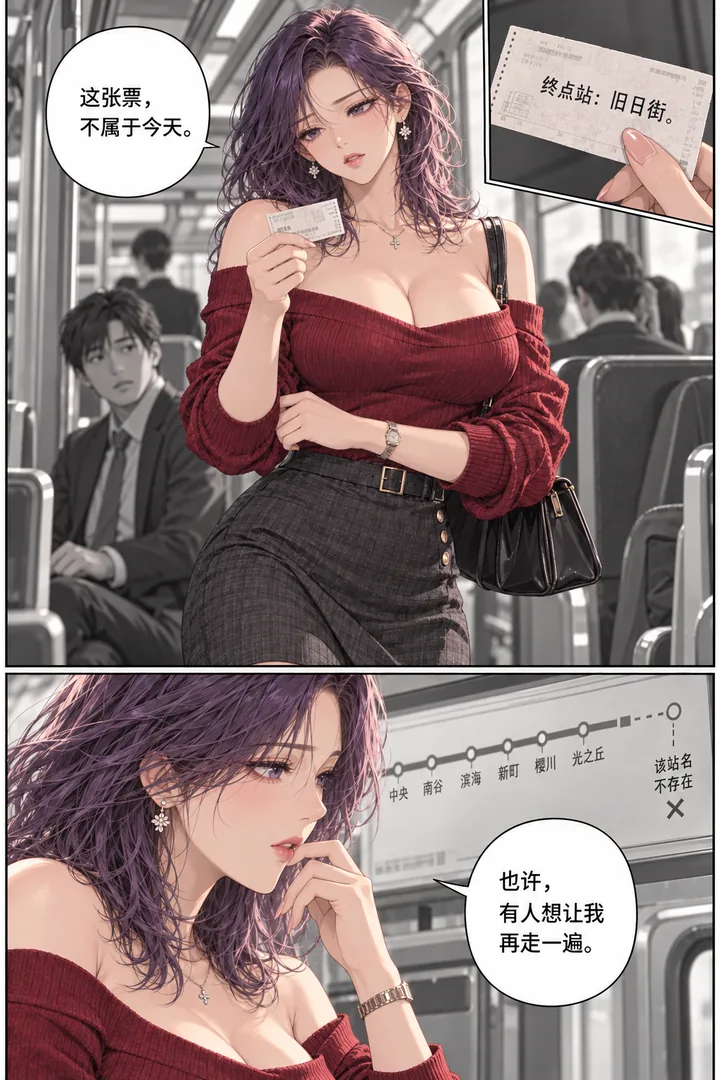 黄昏列车第01话下一站的约定第2页:票背写陌生站名、女主查线路图站名不存在、成年乘客欲言又止