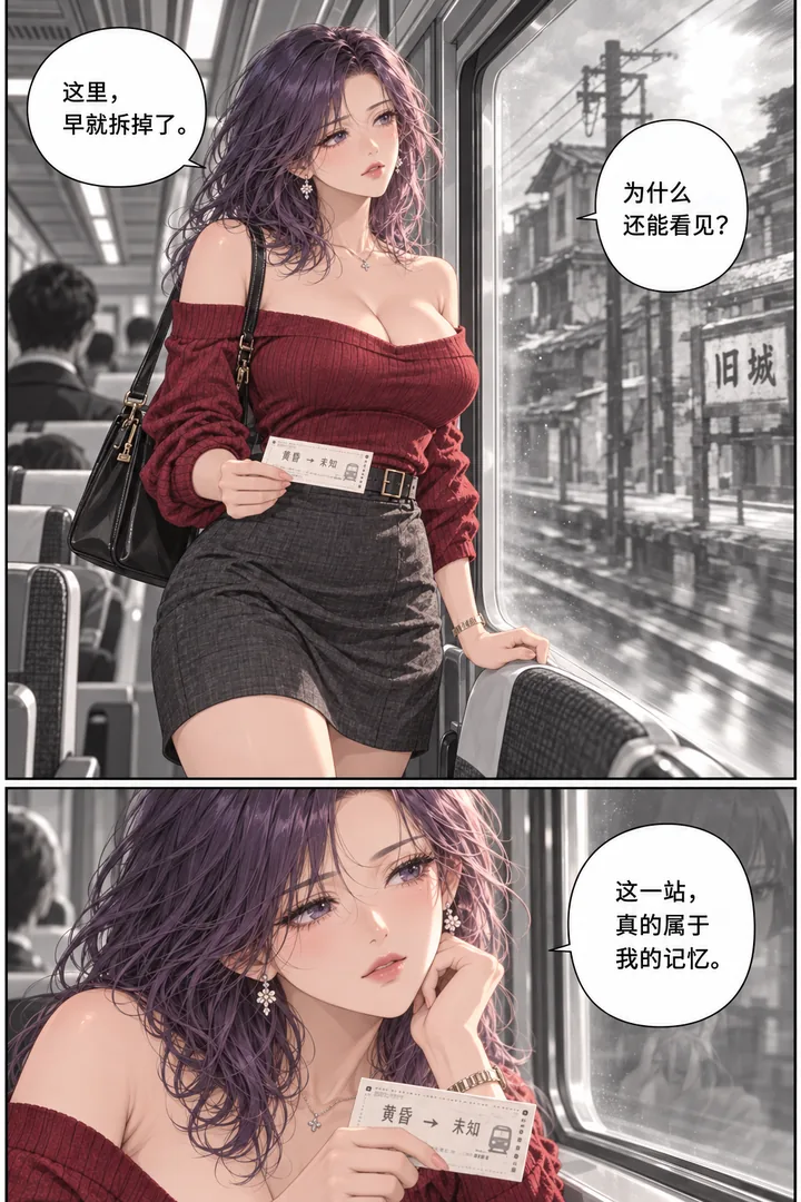 黄昏列车第01话下一站的约定第3页:列车经过隧道、窗外变成旧街景、女主握票站起来