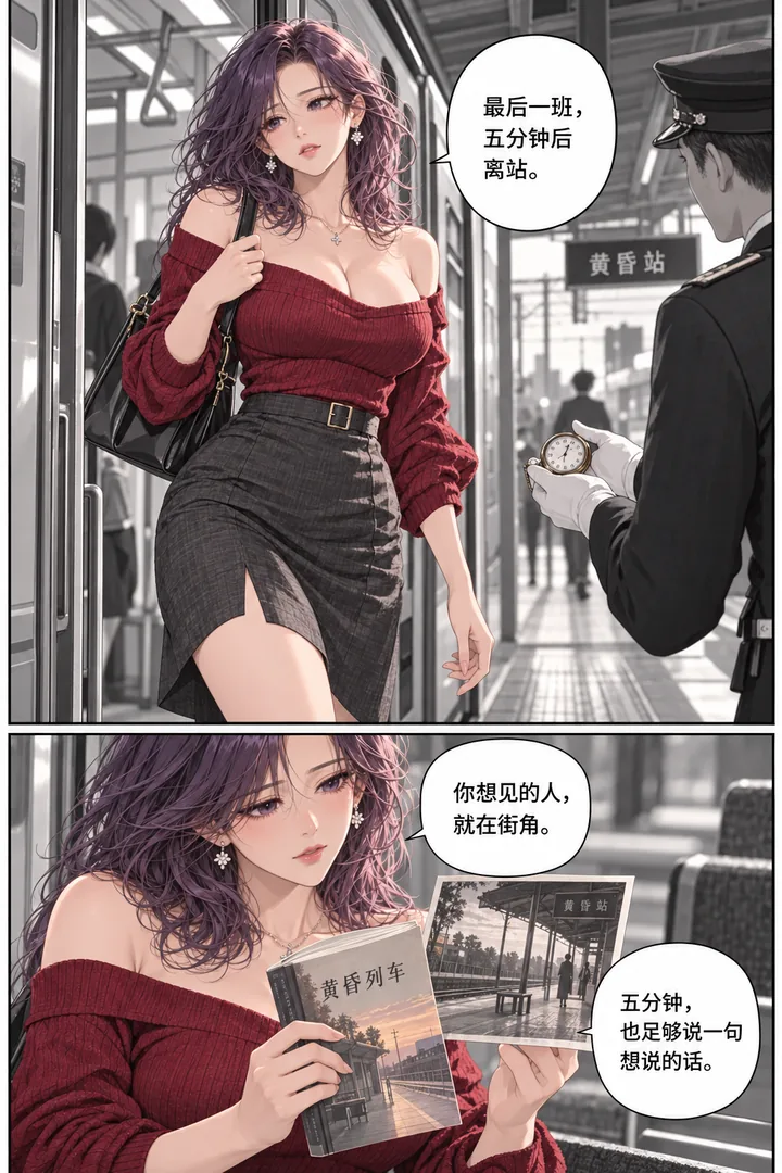 黄昏列车第01话下一站的约定第4页:到站开门女主下车、旧站台相片与她手中书封面同景、成年站员递钟表