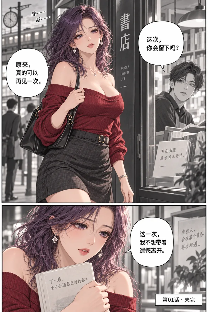 黄昏列车第01话下一站的约定第5页:她走向书店、窗内成年故人抬头、列车钟声从远处传来