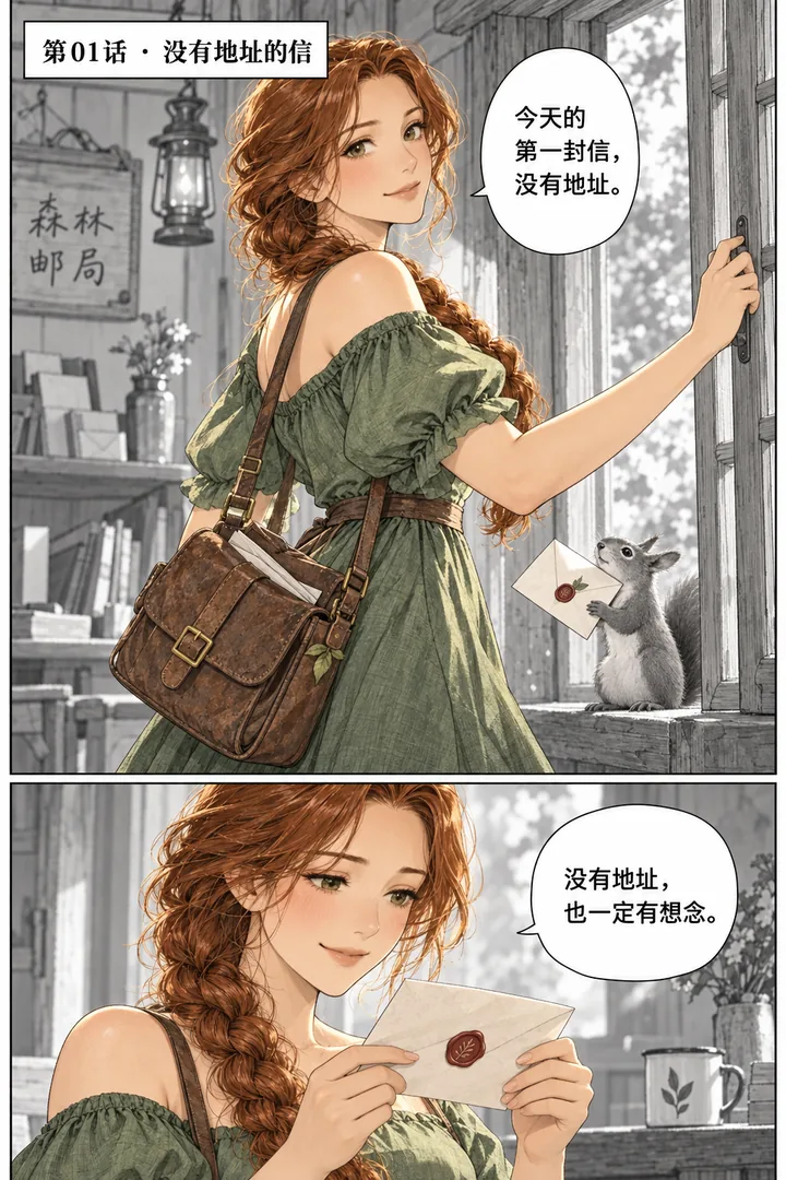 森林邮局第01话没有地址的信第1页：柔和森林邮局晨光、女主打开木屋窗、松鼠送来空白地址信封