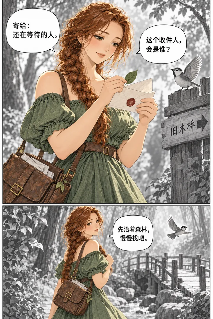 森林邮局第01话没有地址的信第2页：女主翻信封发现叶子、林间小径带邮包走路、鸟指向旧木桥