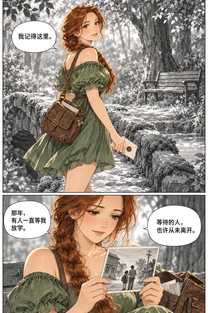 森林邮局第01话没有地址的信第3页：女主走过苔藓桥、见树下空长椅、信里夹着多年以前的小镇照片