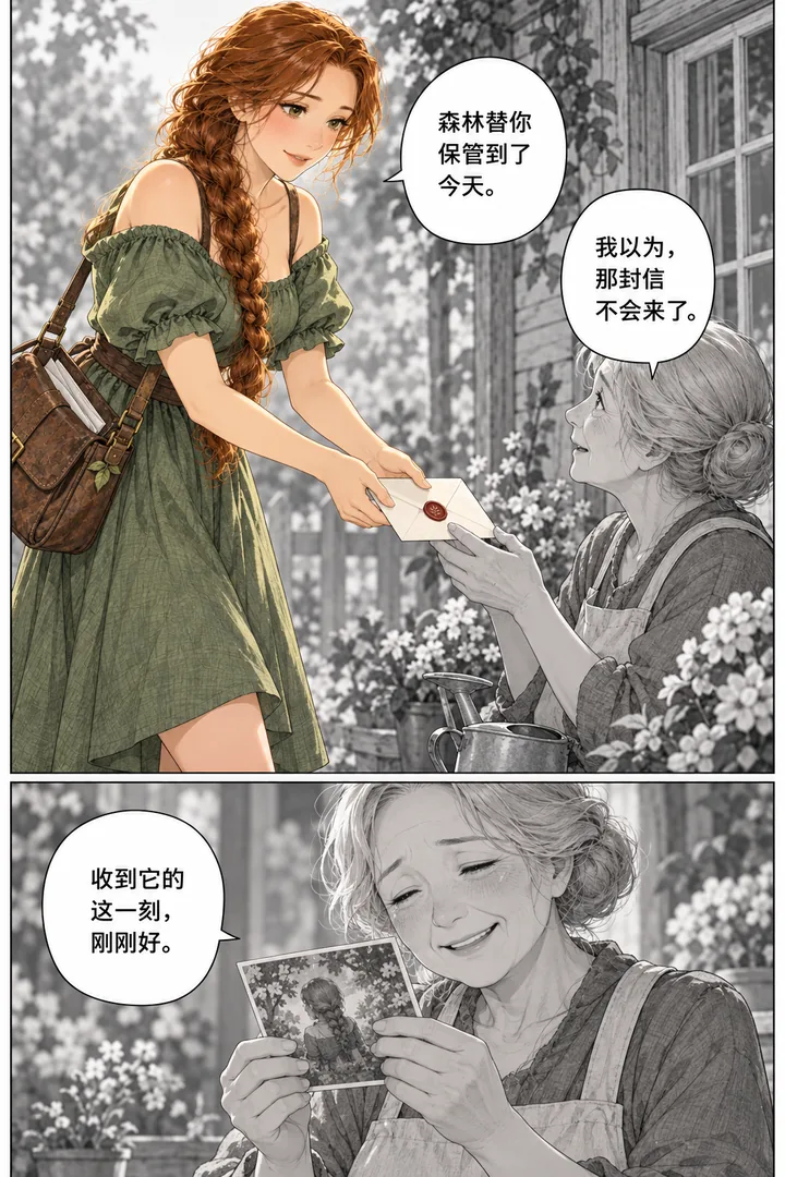 森林邮局第01话没有地址的信第4页：成年老妇人在花园浇水、女主递信、老妇人看到照片微笑