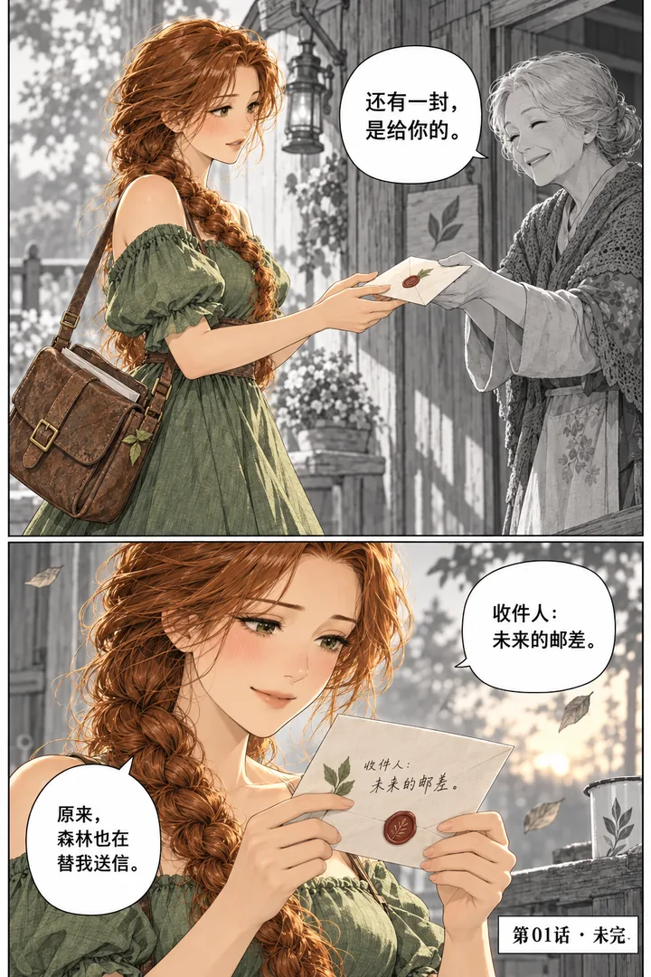 森林邮局第01话没有地址的信第5页：老妇人递出第二封信、女主看见收件人是自己、树叶和晚光安静