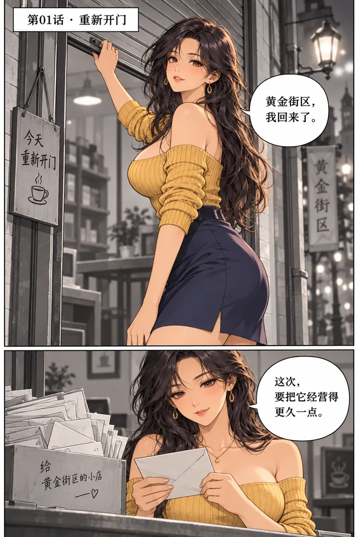 黄金街区第01话重新开门第1页：暖金城市老街夜景、成年女主拉开小店卷帘门、店门积压信封