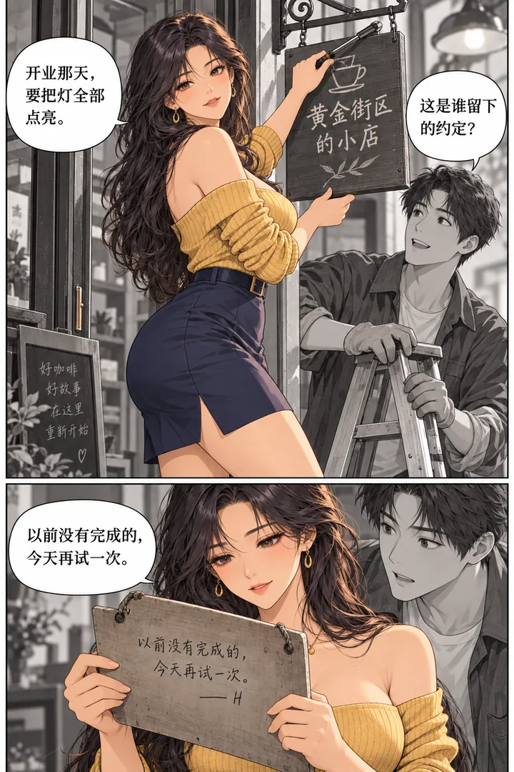 黄金街区第01话重新开门第3页：女主修店门牌、成年男邻居帮忙、两人发现牌背手写名字