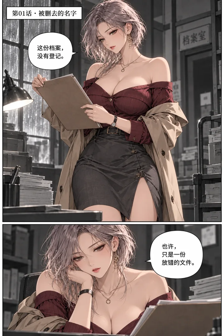 灰塔档案第01话被删去的名字第1页：灰塔档案室阴雨、女主整理文件、打开新送达的无编号卷宗