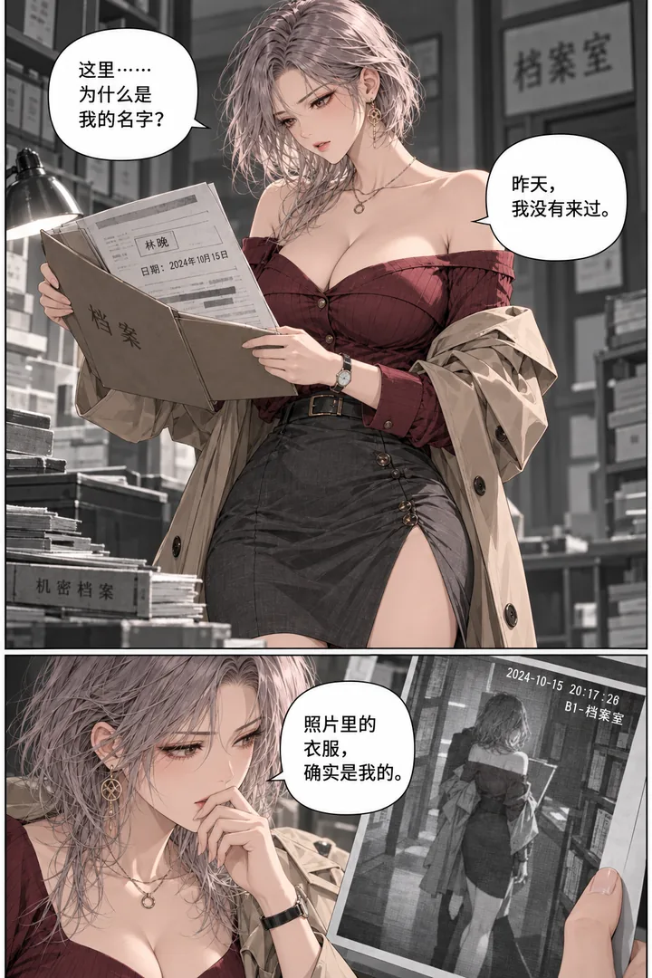 灰塔档案第01话被删去的名字第2页：女主翻档案、特写她名字和昨日日期、她惊讶看监控照片