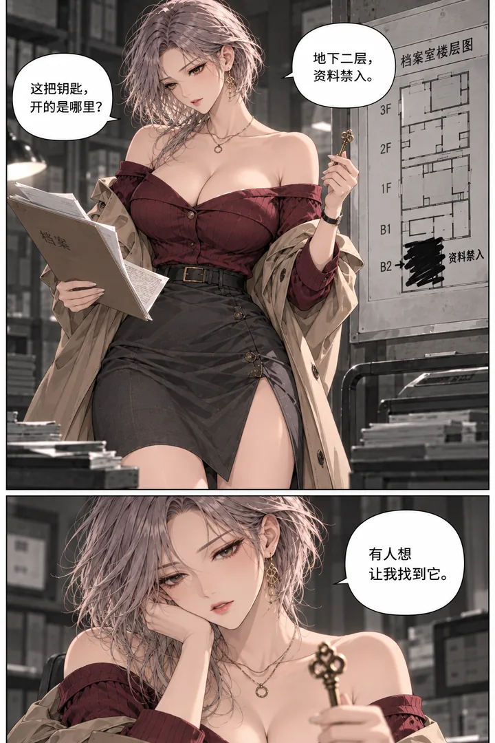 灰塔档案第01话被删去的名字第3页：档案夹里掉出钥匙、女主对照楼层图、被涂黑的地下室入口