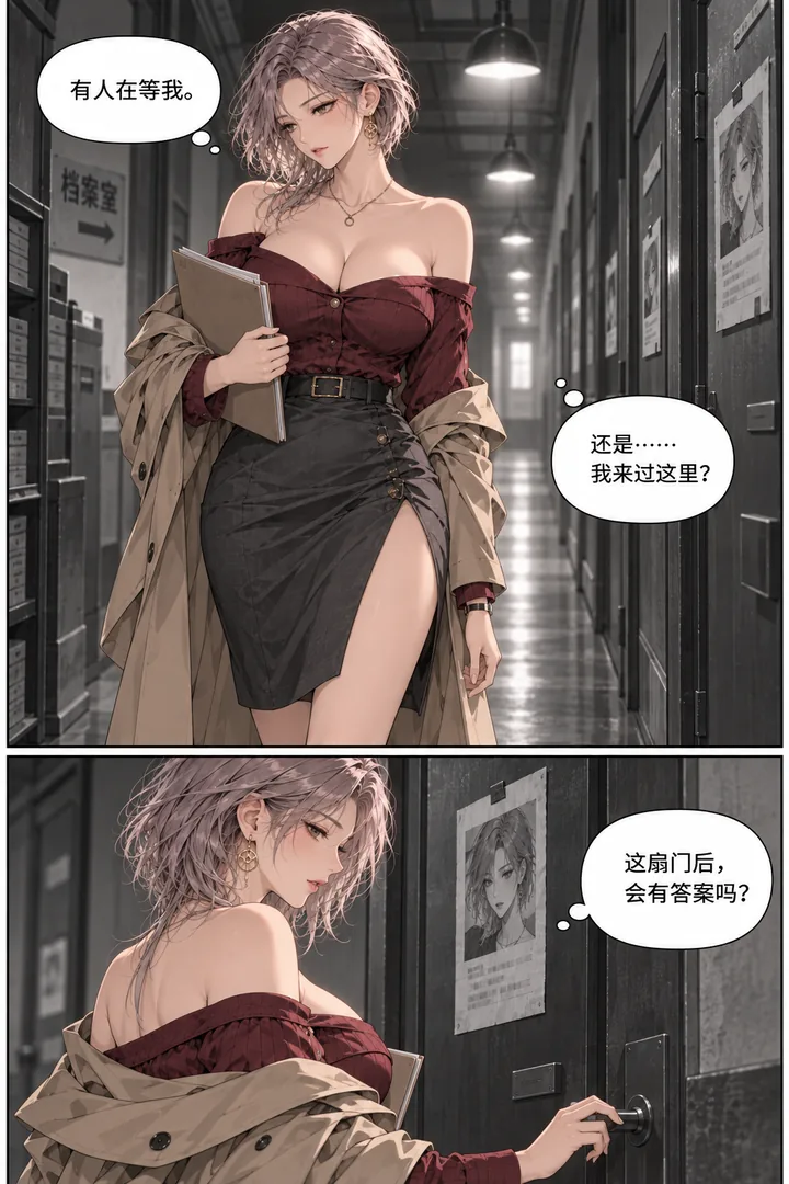 灰塔档案第01话被删去的名字第4页：女主下楼穿过长走廊、门上贴同款照片、走廊灯逐个点亮
