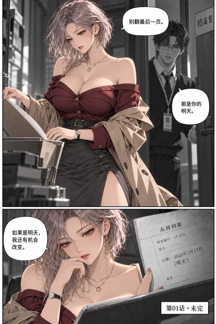 灰塔档案第01话被删去的名字第5页：门内镜面显示另一份档案、身后成年管理员出现、停在档案封面日期明天