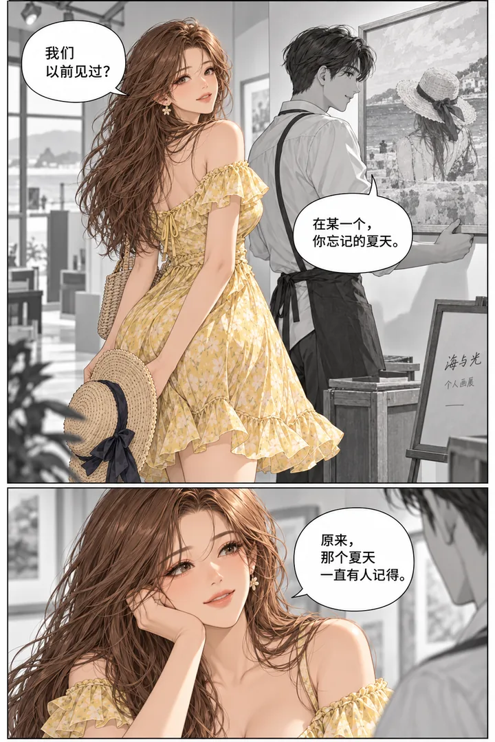 蜂蜜假日第01话一杯未点的饮料第3页：女主沿海边走到画廊、墙上画同款草帽背影、男子正在布展