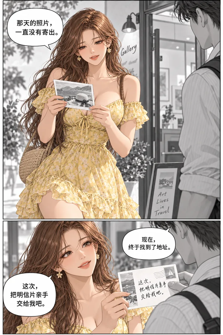 蜂蜜假日第01话一杯未点的饮料第4页：女主看旧度假合照、发现自己站画廊门口、男子拿出未寄明信片