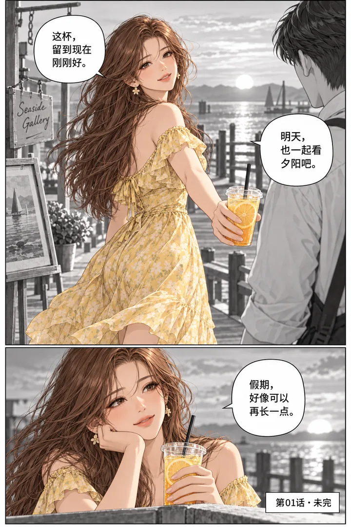 蜂蜜假日第01话一杯未点的饮料第5页：两人走向夕阳码头、女主递第二杯饮料、画廊招牌风中轻晃