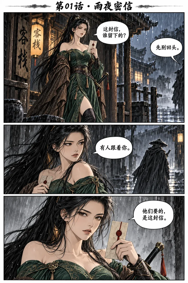 江湖夜雨第01话雨夜密信第1页：沈照月在雨夜客栈查看密信，察觉有人追踪。