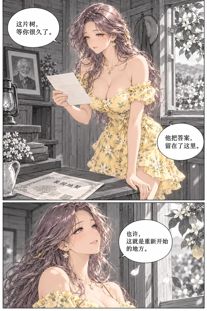 柠檬假日第01话微酸的夏天第3页：女主进木屋见祖父留下信、信旁果园地契、窗外柠檬花开