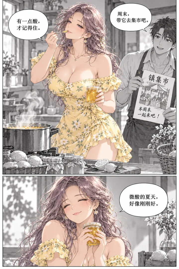 柠檬假日第01话微酸的夏天第4页：两人在厨房熬果酱、女主尝味微酸笑、邻居打开镇集市邀请