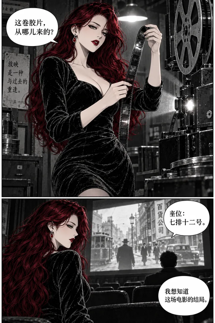 深夜放映室第01话最后一场放映第2页：放映机自行响起、女主查看胶片、屏幕映出三十年前的街道