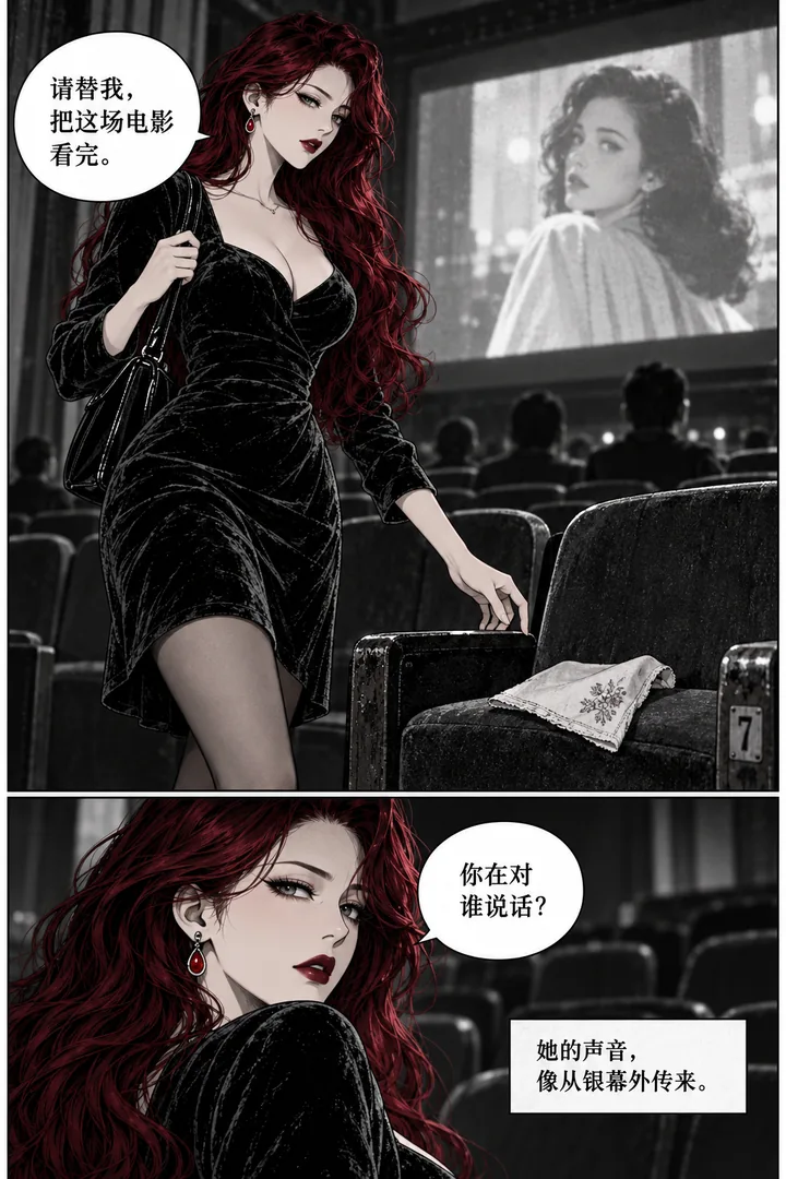 深夜放映室第01话最后一场放映第3页：女主走到指定座位、空椅上旧手帕、屏幕中的成年女性回头