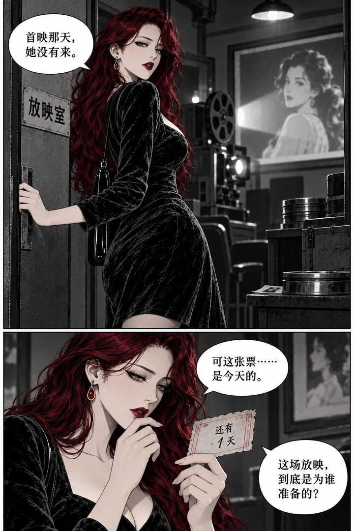 深夜放映室第01话最后一场放映第4页：女主追至放映室、墙上合影显示银幕女性、票背手写倒计时