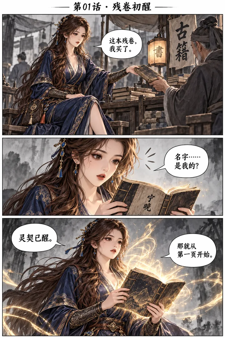 九转灵契第01话残卷初醒第1页：宁晚在古市买下残卷，翻开后发现自己的名字与苏醒的灵契。