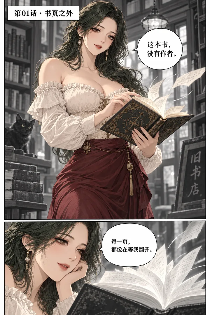 旧书店奇谭第01话书页之外第1页：奇幻旧书店傍晚、女主打开旧书、书页自己翻动