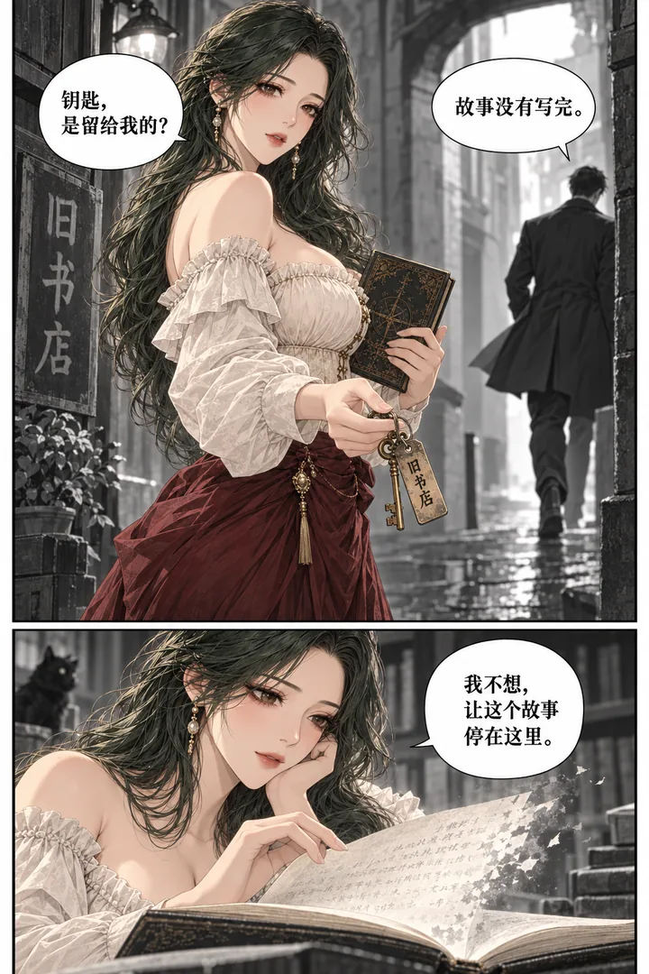 旧书店奇谭第01话书页之外第4页：男子消失于拐角、钥匙上刻书店门牌、书页开始褪色