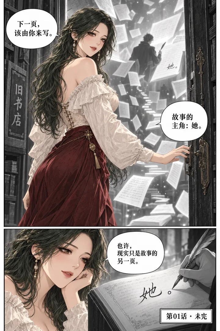 旧书店奇谭第01话书页之外第5页：女主打开书店隐藏小门、门后无数悬浮书页、有人写下她名字