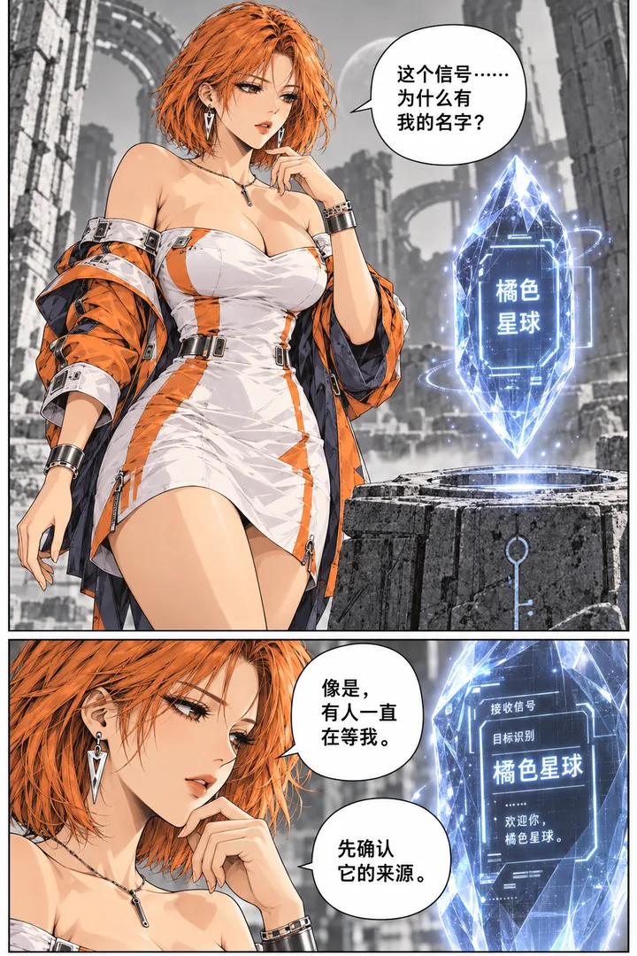橘色星球第01话来自未来的信号第2页：女主到遗迹石台、看到悬浮蓝色晶体、晶体显示她的名字