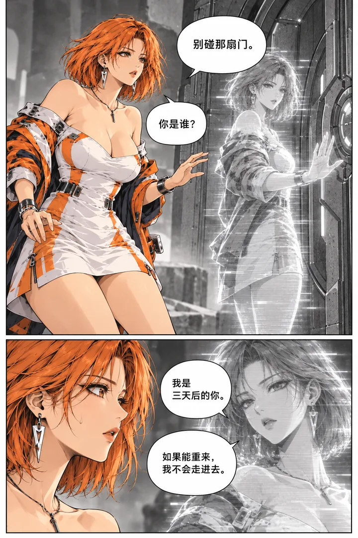橘色星球第01话来自未来的信号第3页：女主见到自己的未来投影、惊讶追问、投影发出警告