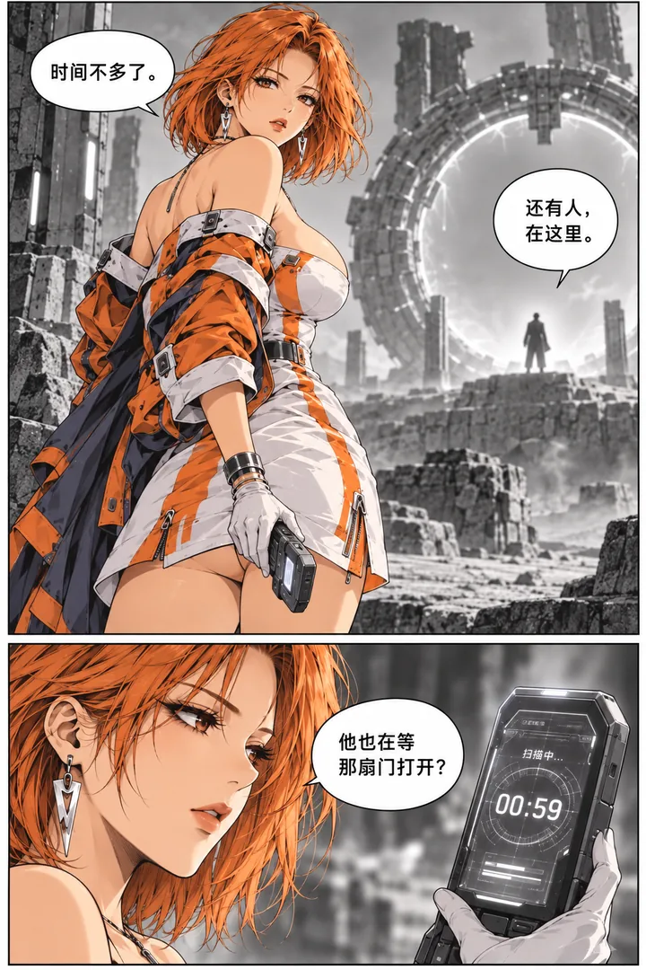 橘色星球第01话来自未来的信号第4页：女主回头看星门和远处身影、扫描仪开始倒计时