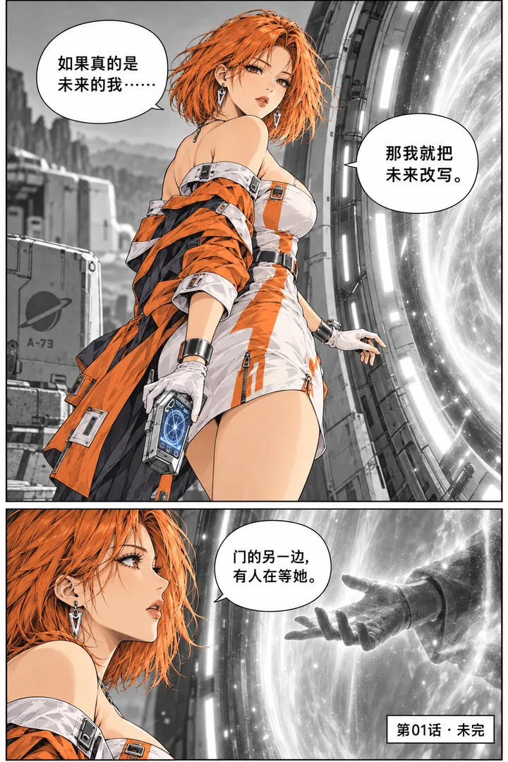 橘色星球第01话来自未来的信号第5页：女主握扫描仪决定改变未来、踏向星门、门内出现陌生手掌