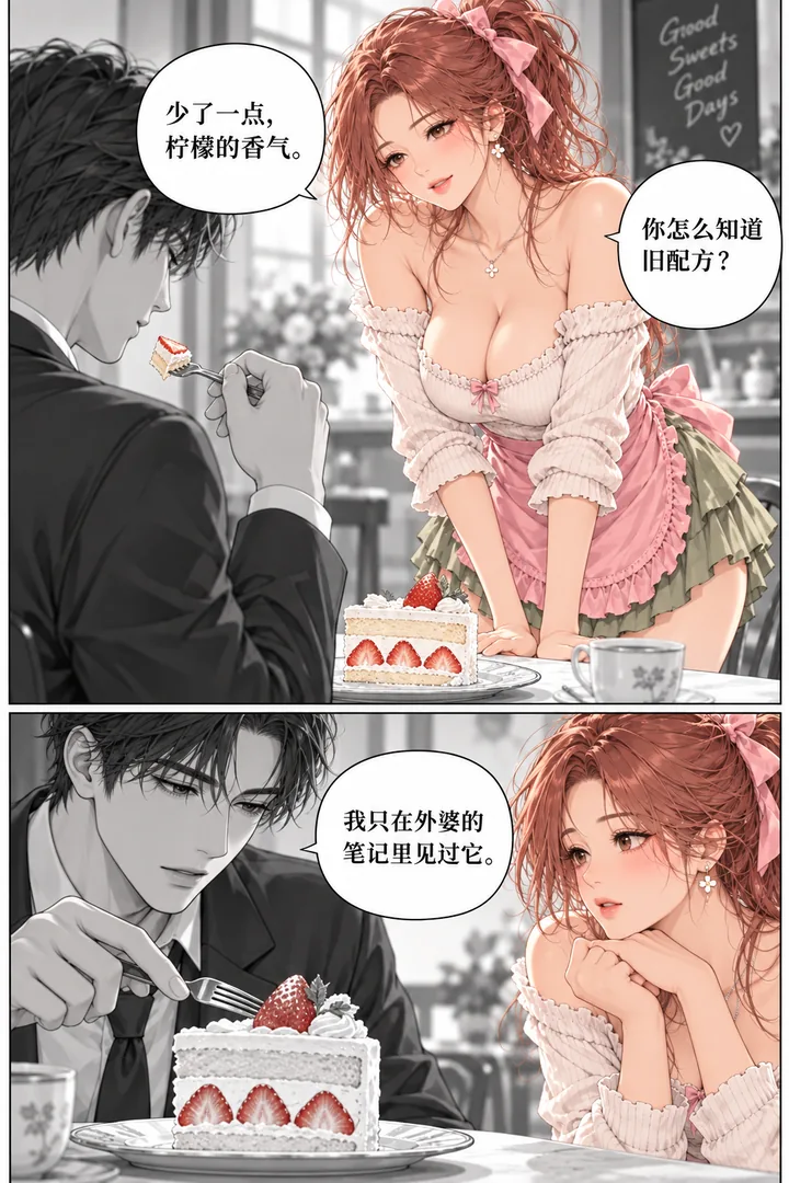 甜度失控第01话草莓的秘密第2页：成年男子尝蛋糕、女主期待、他指着草莓夹心认真提意见