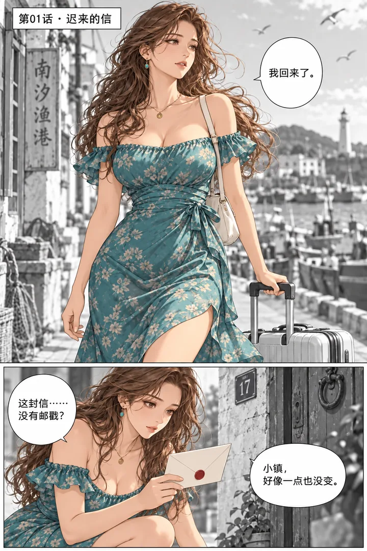 潮汐以南第01话迟来的信第1页：海边小镇晨光、女主提行李走过蓝色渔港、在旧家门口拾到信封