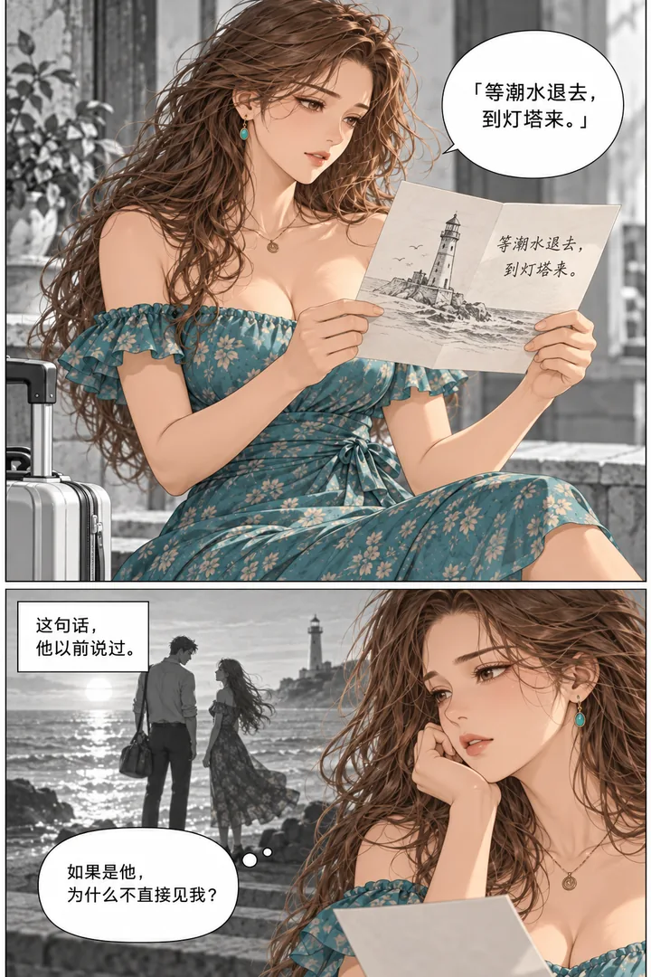 潮汐以南第01话迟来的信第2页：女主打开信、特写纸上手绘灯塔、回忆成年男女在海边告别的剪影