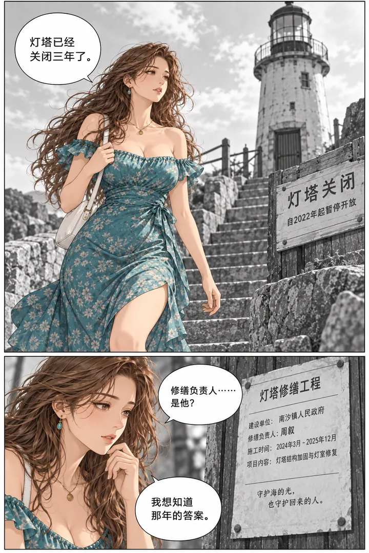 潮汐以南第01话迟来的信第3页：沿海石阶前进、女主看见关闭的灯塔、新的修缮告示挂着熟悉名字