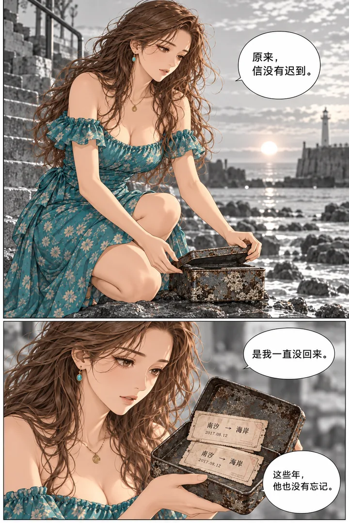 潮汐以南第01话迟来的信第4页：傍晚潮水退去、石阶下出现旧铁盒、女主打开看见两枚车票