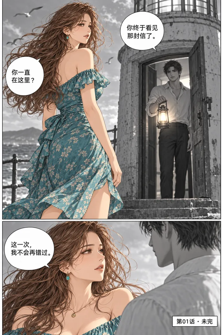 潮汐以南第01话迟来的信第5页：灯塔门打开、成年男子提灯出现、女主转身两人隔着海风相望