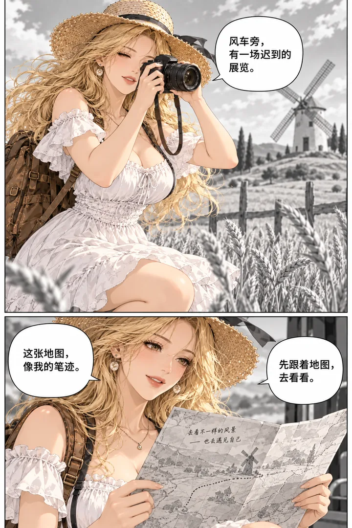 麦田旅人第01话风带来的地图第2页：女主拍麦田、镜头中远处旧风车、拾起一张地图