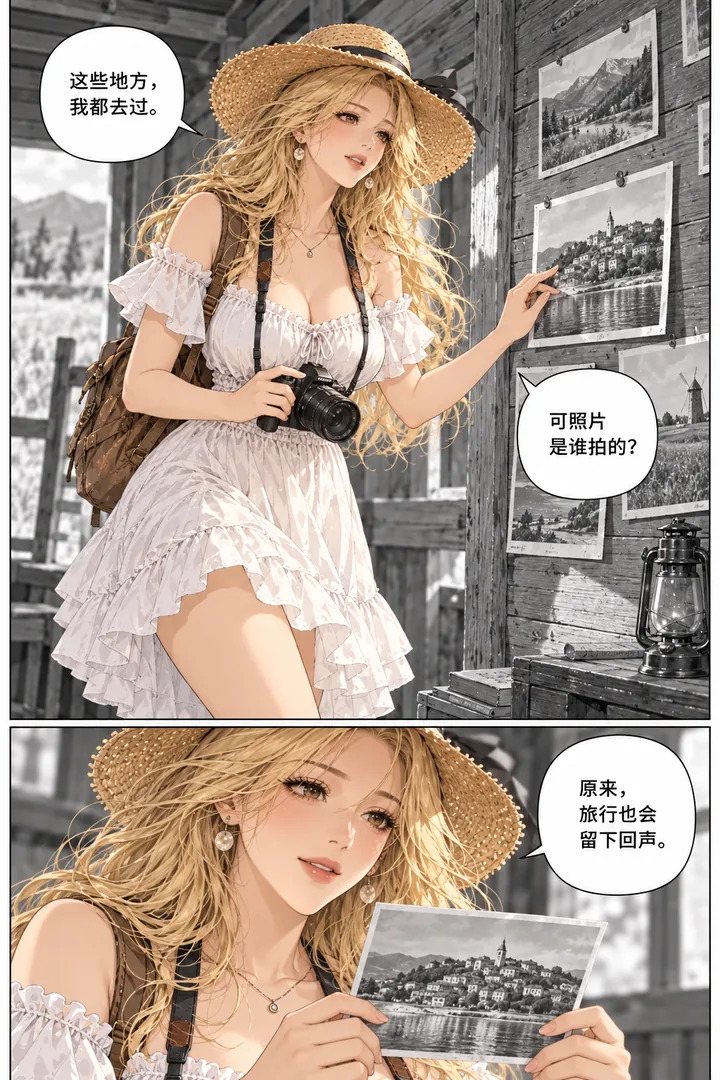 麦田旅人第01话风带来的地图第3页：女主沿田埂前行、见空木屋墙上挂风景照、其中一张她故乡
