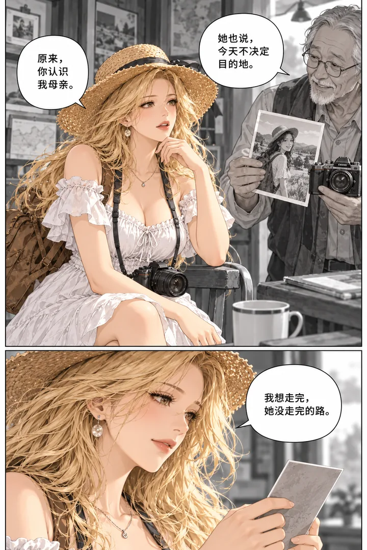 麦田旅人第01话风带来的地图第4页：成年老人拿旧相机走进来、展示女主母亲年轻成年旅行照、女主认真倾听