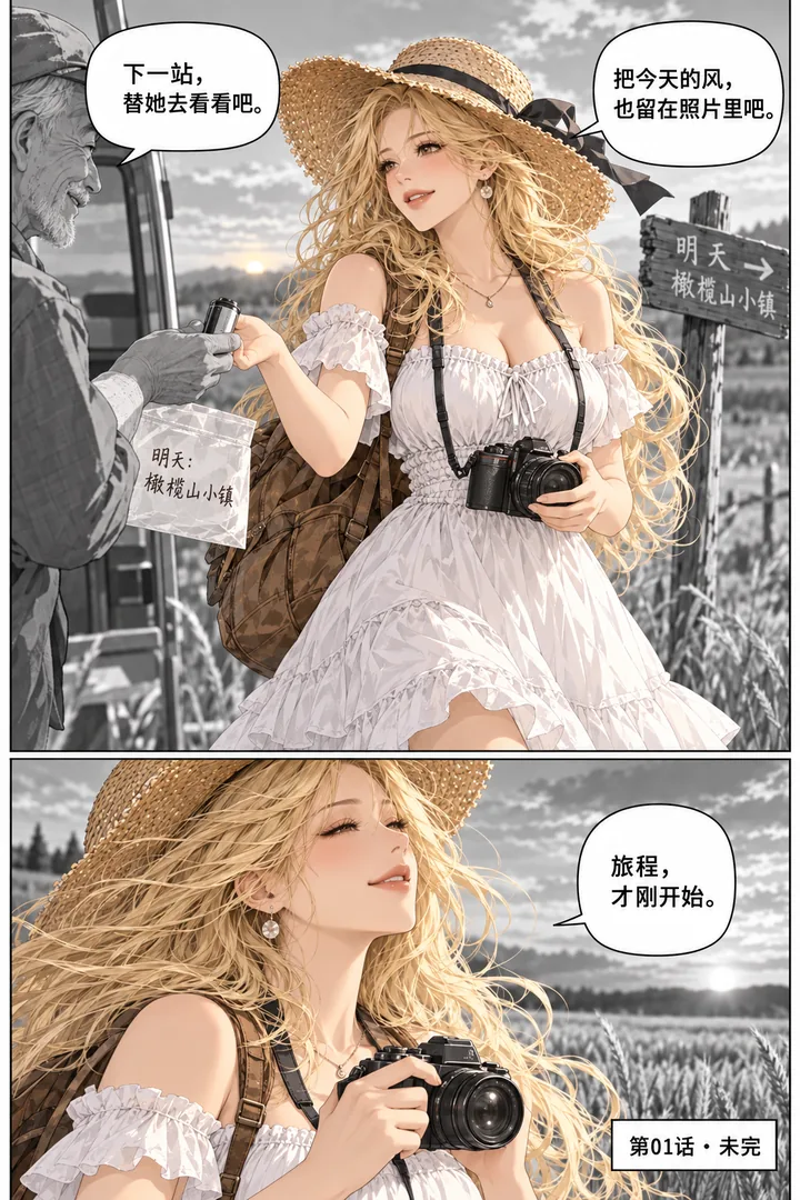 麦田旅人第01话风带来的地图第5页：老人递未洗胶卷、女主迎着晚风拍下麦田、胶卷袋印明天地址