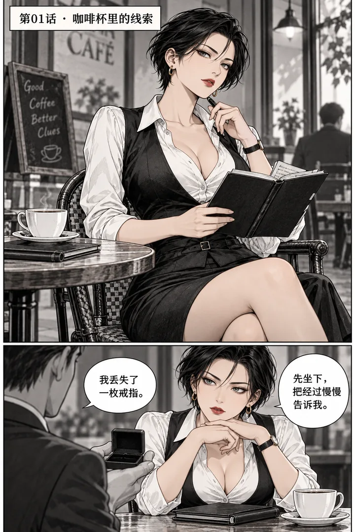 午后侦探第01话咖啡杯里的线索第1页:黑白钢笔悬疑漫画咖啡馆午后、成年女侦探翻笔记、成年委托人放戒指盒