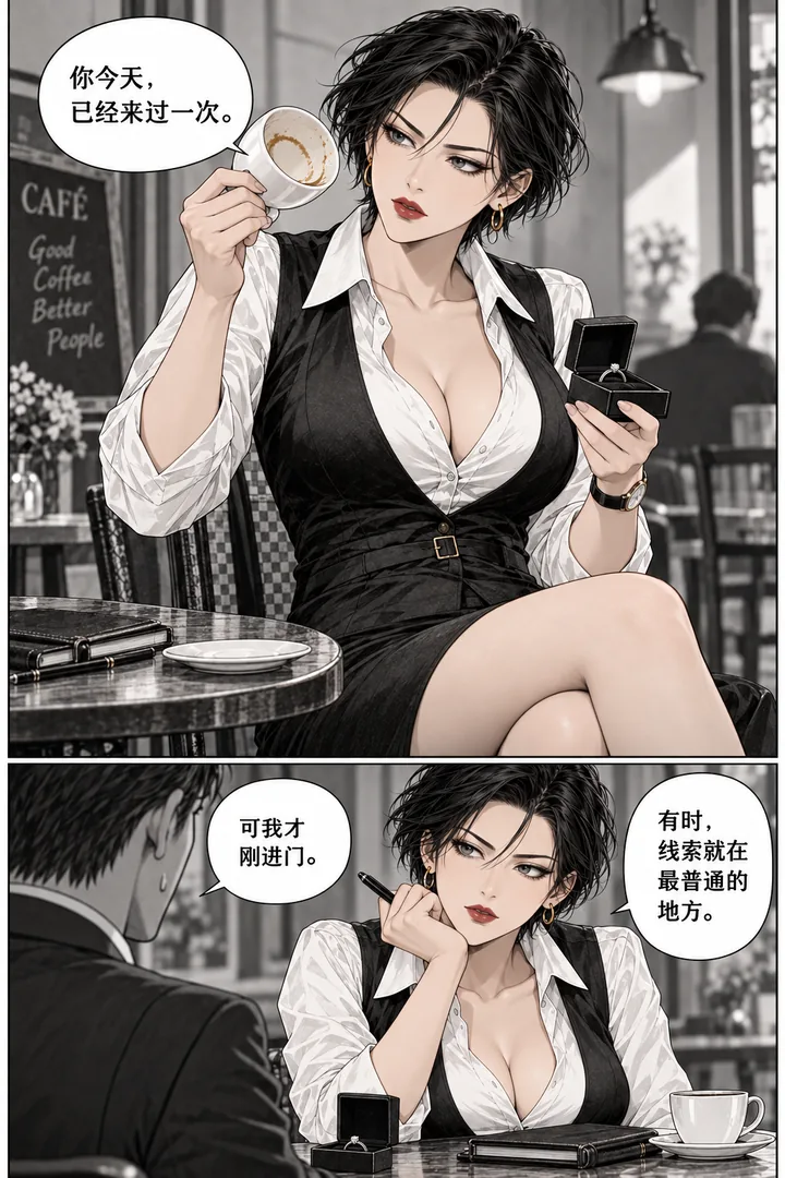 午后侦探第01话咖啡杯里的线索第2页:女主察看杯底和戒指盒、注意未干咖啡痕、问时间
